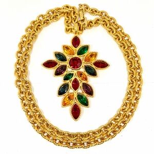 NAPIER 90s Gold Tone Chain Swarovski Crystal Royalton CHUNKY Pendant Necklace